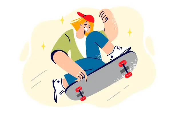 Vector illustration of Teenage girl rides skateboard, doing extreme tricks and enjoying active form of recreation