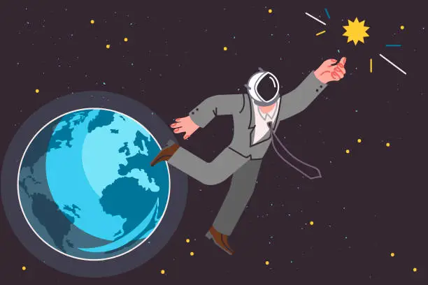 Vector illustration of Business man is flying in space trying to touch sun with hand, going on tourist flight into orbit