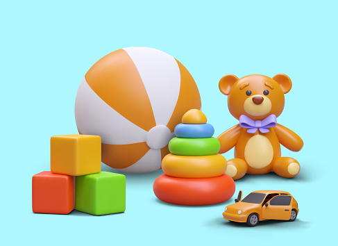 Color vector composition in cartoon style. Concept for children toy store. Cubes, pyramid, ball, car, teddy bear. Realistic illustration on blue background