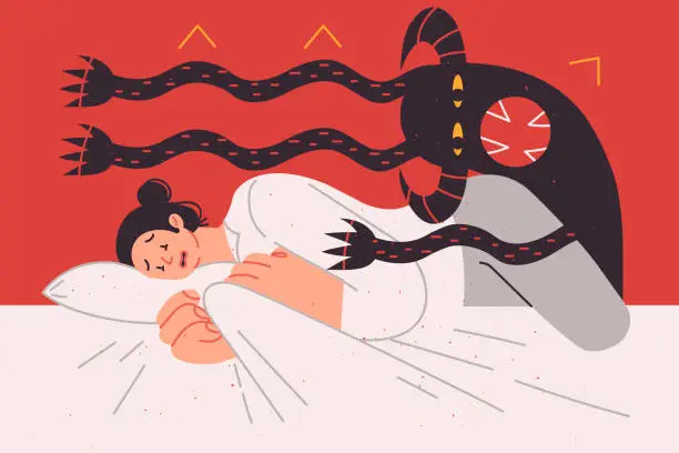 Vector illustration of Nightmare of frightened woman lying in bed and feeling attack of multi-armed monster