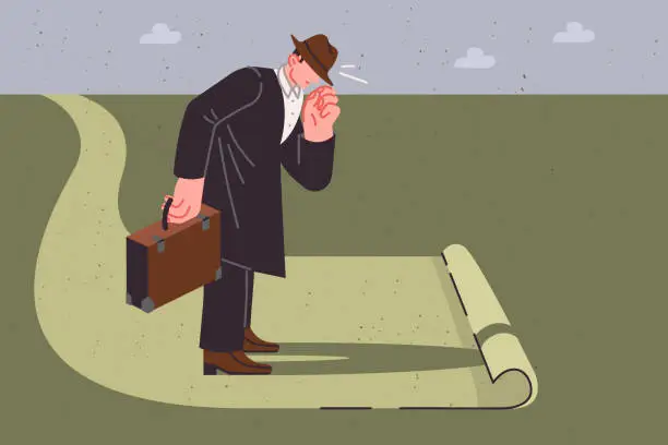 Vector illustration of End of road for man with business suitcase, as metaphor for impasse in development or challenge