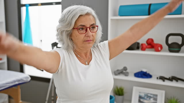 Mature woman stretching in a rehabilitation center with exercise equipment.