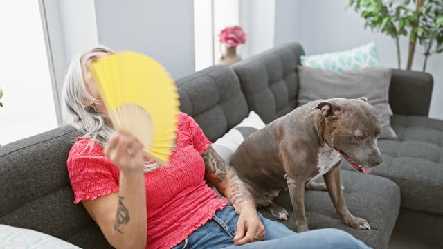 In the heat at home, a mature middle age, grey-haired woman sitting comfortably on the cozy sofa, relaxes fanning air with a hand fan, while her beloved pet dog sits beside her