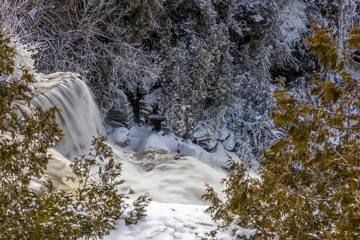 A wintery view from the side of Inglis Falls near Owen Sound, Ontario.