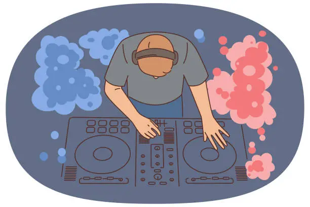 Vector illustration of Nightclub DJ uses mixing console to play music from vinyl records to party goers