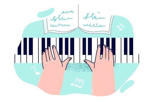 Hands of composer playing piano and learning notes of classical compositions for performance at instrumental music concert. Professional composer uses keyboard musical instrument as hobby.