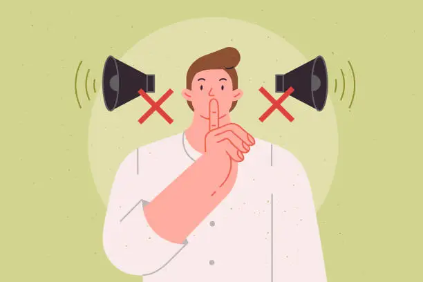 Vector illustration of Man makes tss gesture urging him to switch phone to airplane mode and speak in whisper