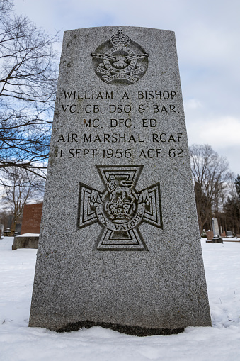 The grave of William A. Bishop, better known as Billy Bishop, Canada's flying ace from WWI, stands in Greenwood Cemetery in Owen Sound, Ontario.
