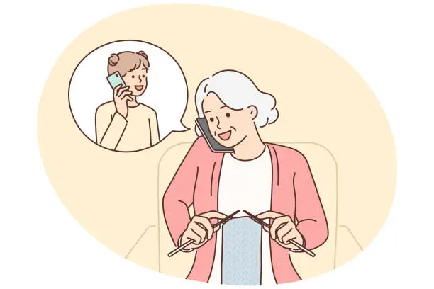 Vector illustration of Grandmother makes phone call to granddaughter and knits scarf sitting in cozy chair
