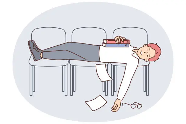 Vector illustration of Tired businessman sleeping on chairs lined up due to overworking and lack of rest