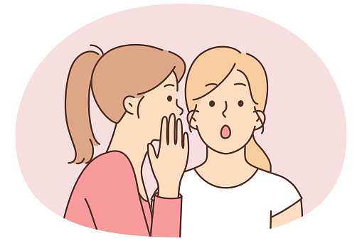 Two female friends gossip telling secrets in ears and discussing actions of work colleagues or mutual acquaintances. Concept of spreading false information between people and use of gossip to slander