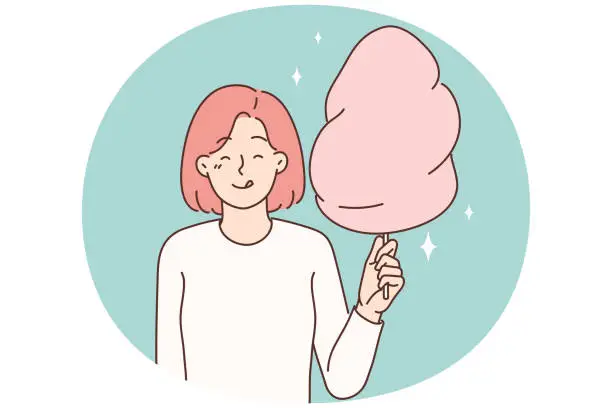 Vector illustration of Cheerful girl with cotton candy in hands licks lips in anticipation taste of street dessert