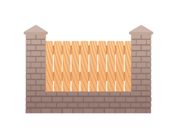 Wooden brick fence vector illustration isolated on white background Wooden brick fence vector illustration isolated on white background. cartoon of a pole fence designs stock illustrations