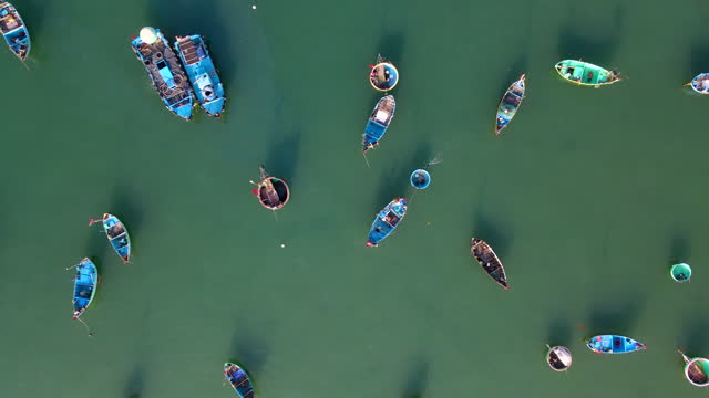 Drone point of view of fishing harbor, Mui Ne, Vietnam