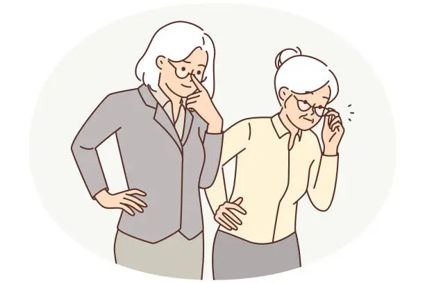 Vector illustration of Two elderly women in business clothes carefully look to side watching work of young employees