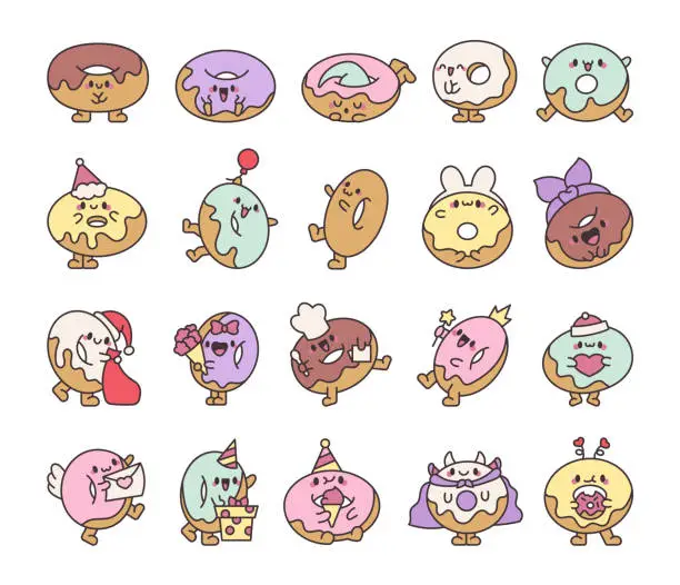 Vector illustration of Funny donut cartoon character. Adorable kawaii sweet food. Hand drawn style. Vector drawing. Collection of design elements.