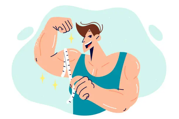 Vector illustration of Muscular man bodybuilder showing big biceps, using measuring tape to show progress.