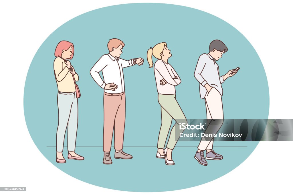 Stay In Queue Stressed People Wait In Queue Stock Illustration - Download Image Now ...