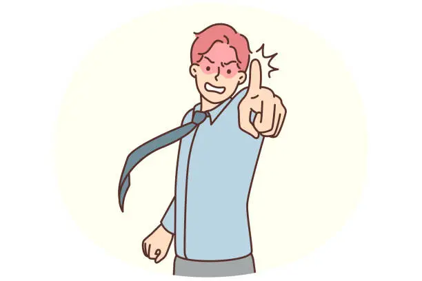 Vector illustration of Angry businessman pointing finger at screen while arguing with employee about poor performance