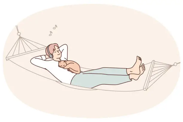 Vector illustration of Guy lying with cat in hammock listen to music