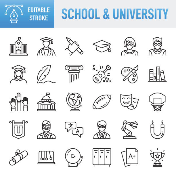 stockillustraties, clipart, cartoons en iconen met school & university - thin line vector icon set. pixel perfect. editable stroke. for mobile and web. the set contains icons: education, learning, university, studying, student, teaching, education training class, wisdom, book, science, graduation, diploma - universitair docent