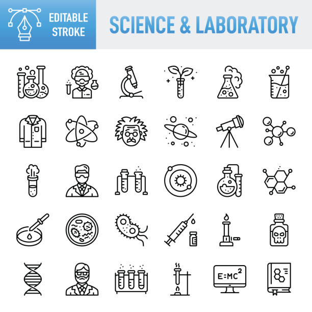 ilustrações, clipart, desenhos animados e ícones de ciência & laboratório - conjunto de ícones vetoriais de linha fina. pixel perfeito. traço editável. para mobile e web. o conjunto contém ícones: educação, aprendizagem, ciência, laboratório, frasco de laboratório, vidraria de laboratório, equi - ciência