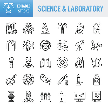 Science & Laboratory Line Icons. Set of vector creativity icons. 64x64 Pixel Perfect. For Mobile and Web. The set contains icons: Idea generation preparation inspiration influence originality, concentration challenge launch. Contains such icons as Education, Learning, Science, Laboratory, Laboratory Flask, Laboratory Glassware, Laboratory Equipment, Lab Coat, Beaker, Poisonous, Chemistry, Chemical, Chemical Formula, Chemical Reaction, Chemistry Class, Biology, Scientist, Test Tube, Microscope, Research, Molecule