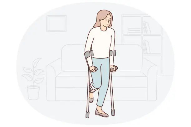 Vector illustration of Disabled woman getting around with crutches injuring knee during car accident or fall