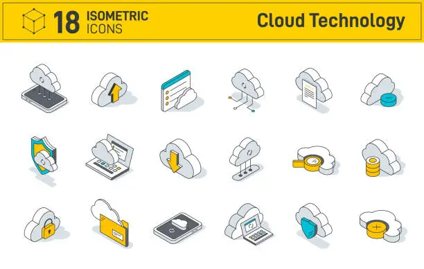 Vector illustration of Set of isometric cloud technology icons isolated on white background. Computing, Computer cloud and Cloud Hosting. Contains such Icons as Data Sync, Transfer, Cloud Settings and more.