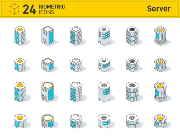 Vector illustration of Set of isometric server rack icons on a white background. Data center storage room. 3d internet equipment industry. Hardware equipment. Computer database towers. Server cluster illustration