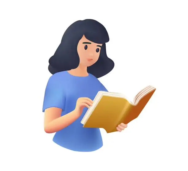 Vector illustration of Woman reading book with insights, knowledge. Student reader learning, studying. Thoughts and answers from literature