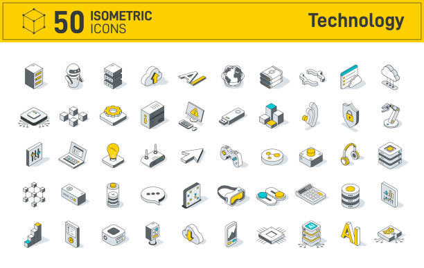 Technology isometric icon. Modern outline line 3d style. Global Connection, Cloud Data Technology Services, Information Technology. Abstract Electronics. Technology isometric icon. Modern outline line 3d style. Global Connection, Cloud Data Technology Services, Information Technology. Abstract Electronics 3d render stock illustrations