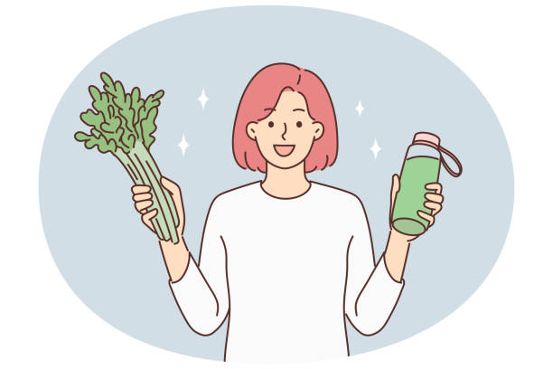 illustrazioni stock, clip art, cartoni animati e icone di tendenza di smiling woman with fresh vegetables and juice - juice celery drink vegetable