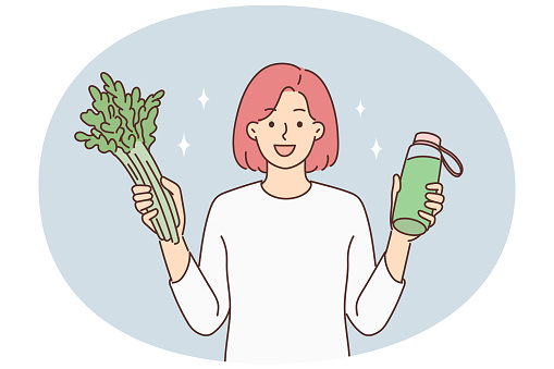 Smiling woman hold fresh vegetables and bottle of juice. Happy girl follow healthy life. Diet and nutrition. Vector illustration.