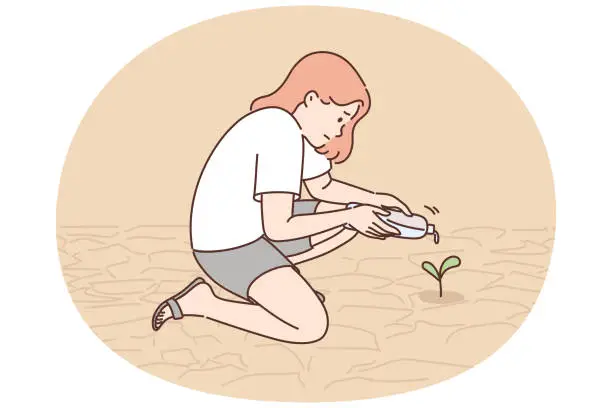 Vector illustration of Teenage girl watering plants growing from dry soil or in need of moisture due to lack of rain