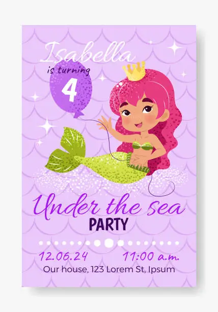 Vector illustration of Birthday party invitation card with mermaid for kids.