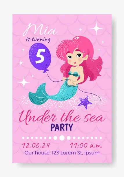 Vector illustration of Birthday party invitation card with mermaid for kids.