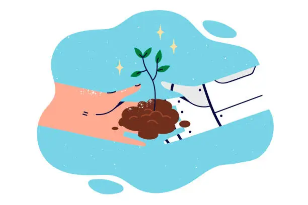 Vector illustration of Robot and person plant tree together to save environment and help restore nature