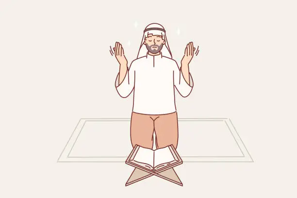 Vector illustration of Muslim man prays on knees in front koran, observing islamic ritual during holy month of ramadan
