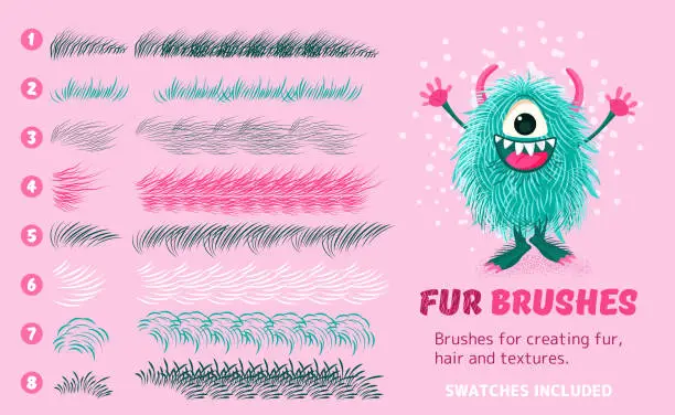 Vector illustration of Fur brushes set. Vector textured strokes.