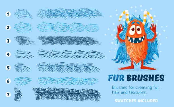 Vector illustration of Fur brushes set. Vector textured strokes.