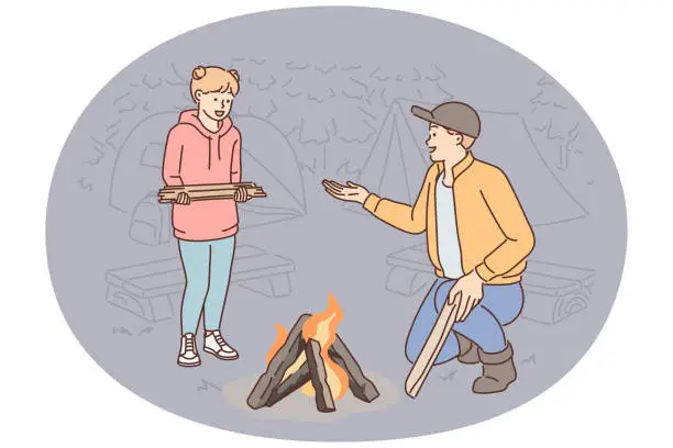 Vector illustration of Father and daughter make fire together during family camping trip and enjoy trip to nature together