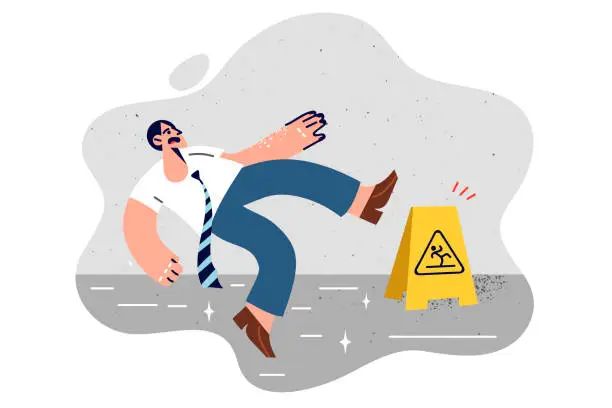 Vector illustration of Business man slipped and fell on wet office floor due to clumsiness and unwillingness to look around