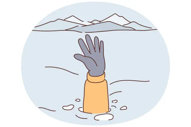 Vector illustration of Person caught in avalanche stretches out hand and snowdrift to signal for help and attract rescuers