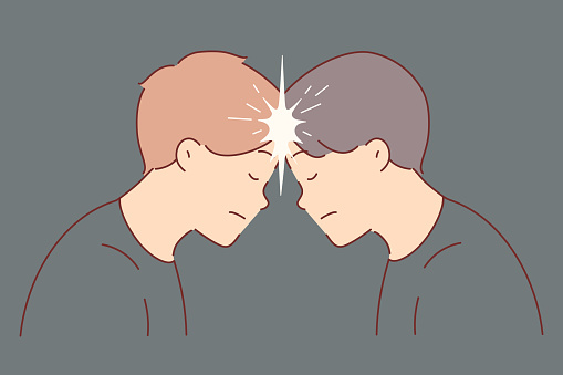 Two men brainstorm together and touch foreheads to create telepathic connection. Guys practice telepathic telekinesis, developing supernatural abilities from science fiction films.