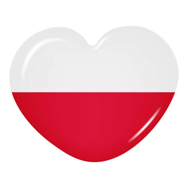 Vector illustration of 3D heart-shaped icon of the Poland flag on a transparent background. Button of the country's flag. Vector illustration