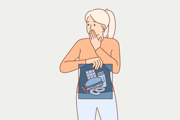 Vector illustration of Junk food in stomach of woman holding x-ray and fearfully covering mouth with hand