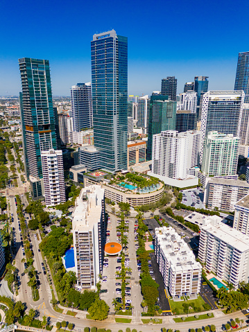 Vertical aerial drone photo Brickell Miami 2024 highrise skyscrapers