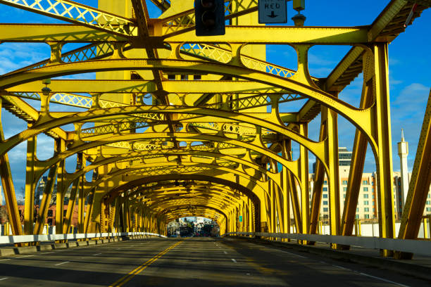 Street level view of Sacramento's Historic Tower Bridge, over the Sacramento River, connecting East and West Sacramento.Taken in West Sacramento, California.