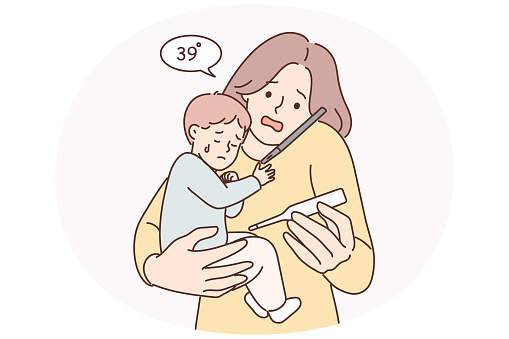 Worried woman with sick baby holding thermometer and calling pediatrician doctor or calling ambulance. Mother with little son who has flu due to viral infection consults pediatrician